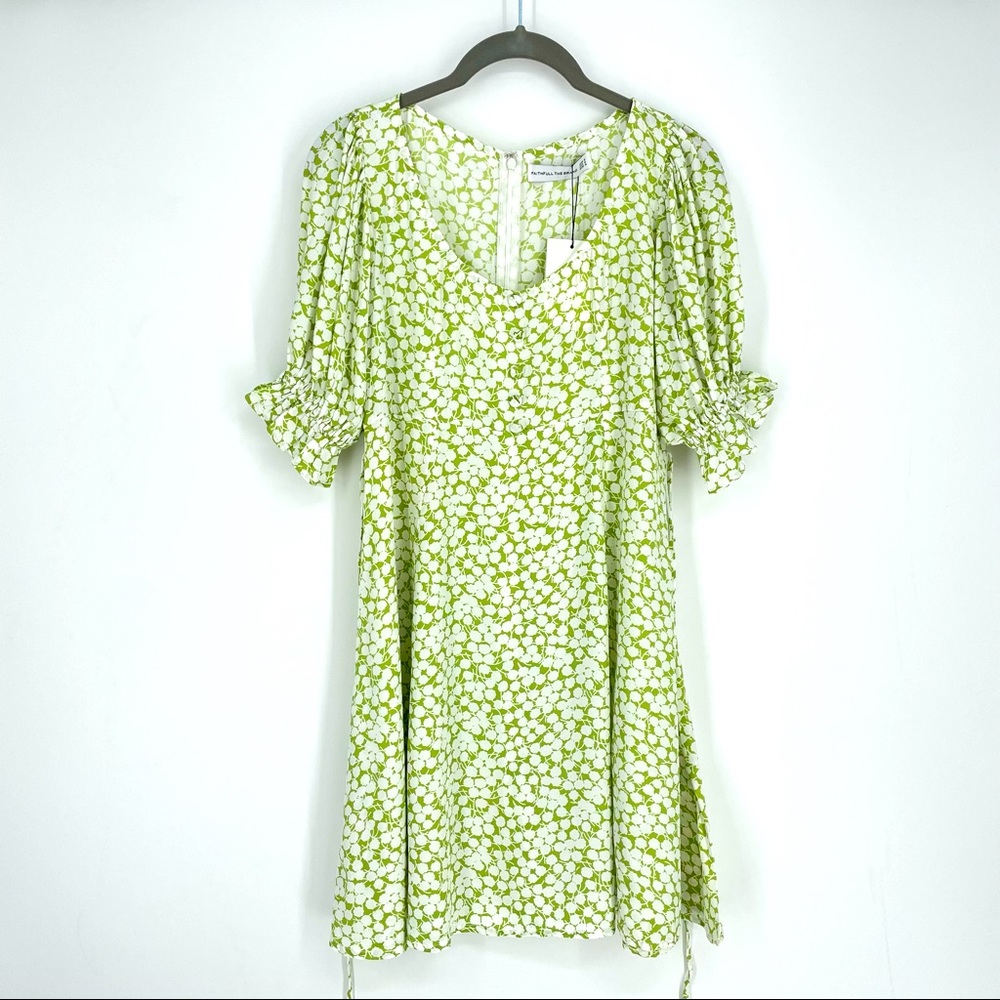 FAITHFULL THE BRAND Dress La Barben Green Floral Pattern Puff Sleeve Mini Small